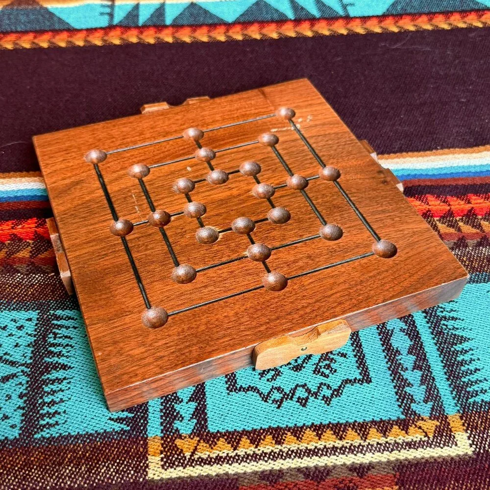 Handmade Vintage Solid Wood 9 Men's Morris Board Game with Marble Storage Slot - Picture 6 of 7